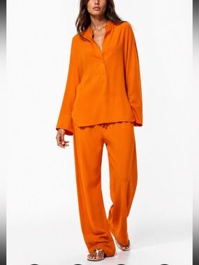 Zara wide leg high waist relaxed orange silky pajama pants Sz S pockets